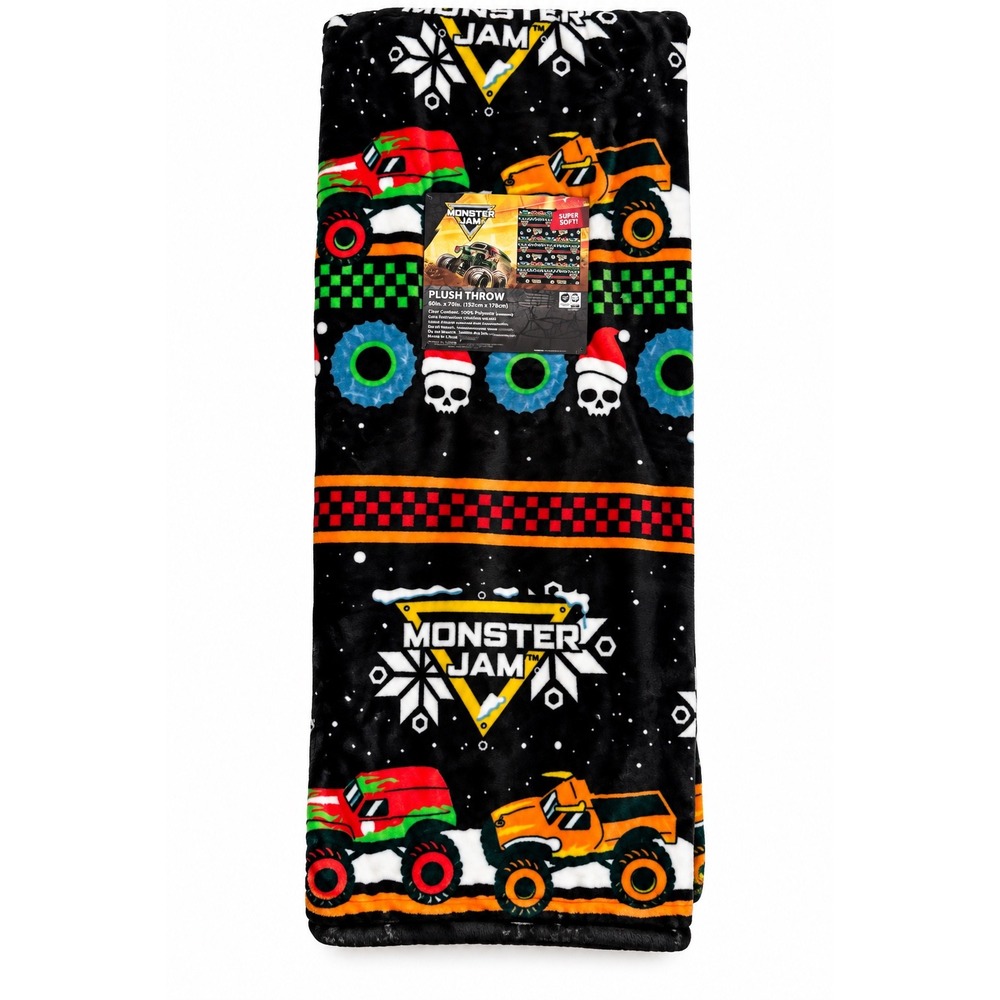 NEW Monster Jam Plush Throw Holiday Monster Truck Skulls Santa Christmas